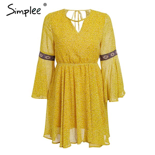

simplee v neck ruffles women dress lace up backless flare sleeve elastic waist red dress 2018 fashion vintage summer beach, Black;gray