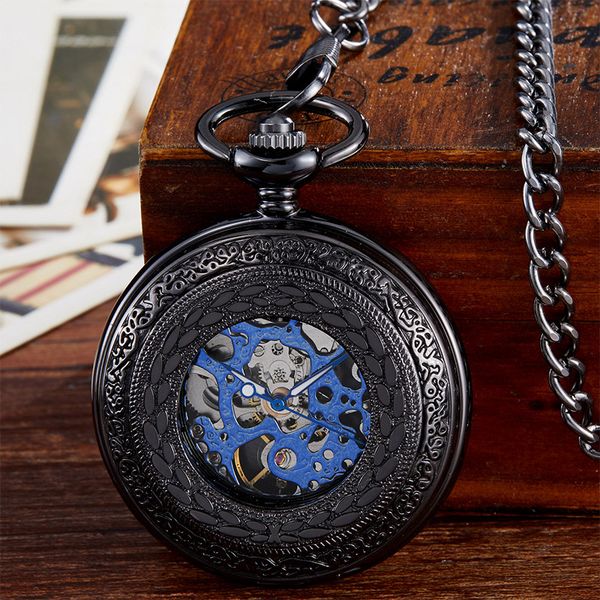 

luxury black mechanical pocket watch men vintage hollow hand wind fob clock with chain pendant men women gift, Slivery;golden