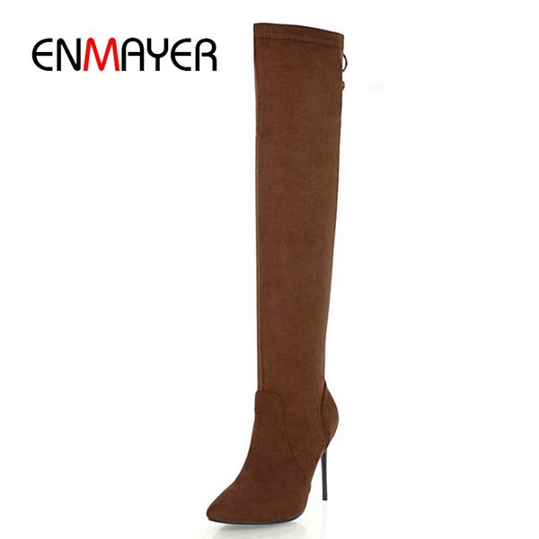 

enmayer new arrival women solid pointed toe over-the-knee high heel zip boots lady fashion thin heel boots zyl855, Black
