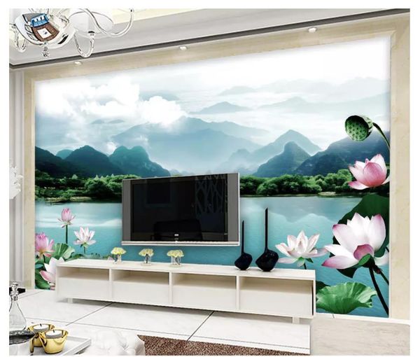 Großhandels-3D Fototapete benutzerdefinierte 3D Wandbilder Tapete Original schöne Landschaft Lotus Kunst Wohnzimmer TV Hintergrund Wand Wohnkultur