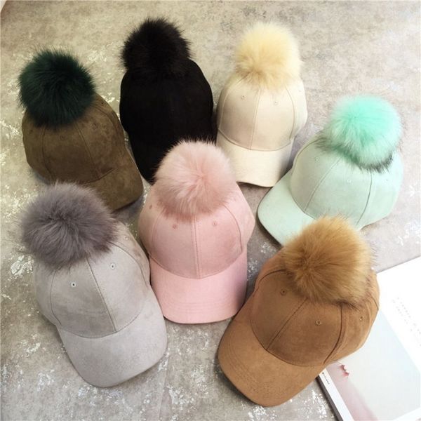 

fashion real polyester fur pompoms hats hip hop leather baseball cap women girls fur autumn winter warm snapback hat female, Blue;gray