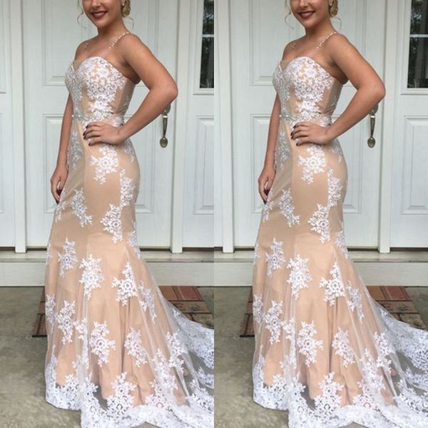 

2019 stunning mermaid evening dresses beaded spaghetti straps sweetheart neck champagne dress white lace prom party gowns sweep train, Black;red