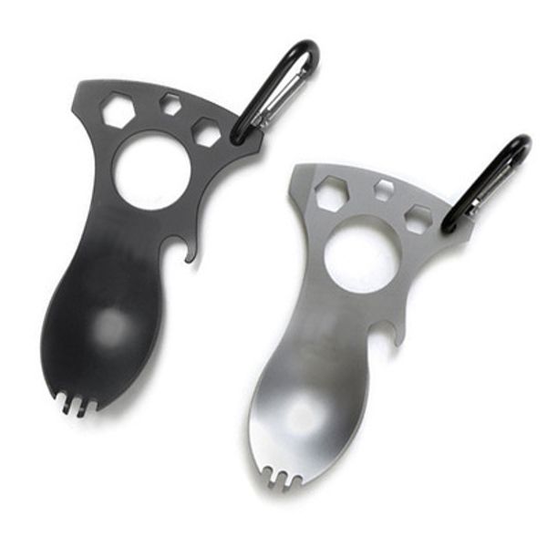 

wholesale stainless steel outdoor multi function edc spoon fork hex wrench bottle opener carabiner camping picnic tableware tactical spork