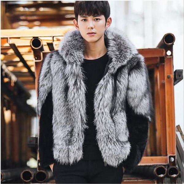 

wholesale- clobee men faux fur coats 2017 men's winter thicken hooded gray fur jacket flurry fake long-sleeved warm coats m771, Black