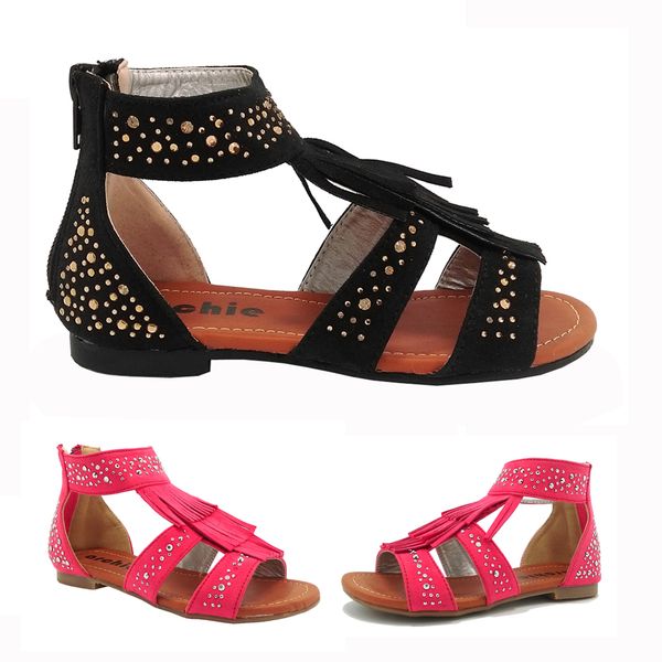 

Tassel Gladiator Girls Sandal with Shinning Diamonds Zipper Flat Kids Toddler Shoes Fuchsia Black Brush PU
