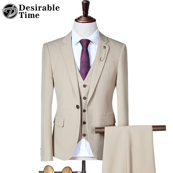 Desirable Time Mens 3 Pieces Tuxedo Suits for Wedding Groom Multi-color Business Prom Dress Slim Fit Khaki Suit Men DT221