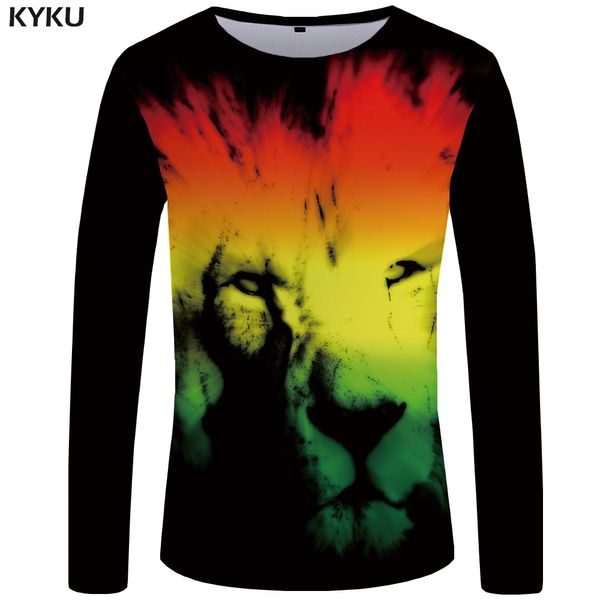 

kyku lion long t shirt men black animal tshirt hip hop tee shirt angry 3d print t-shirt punk rock mens clothing streetwear top, White;black