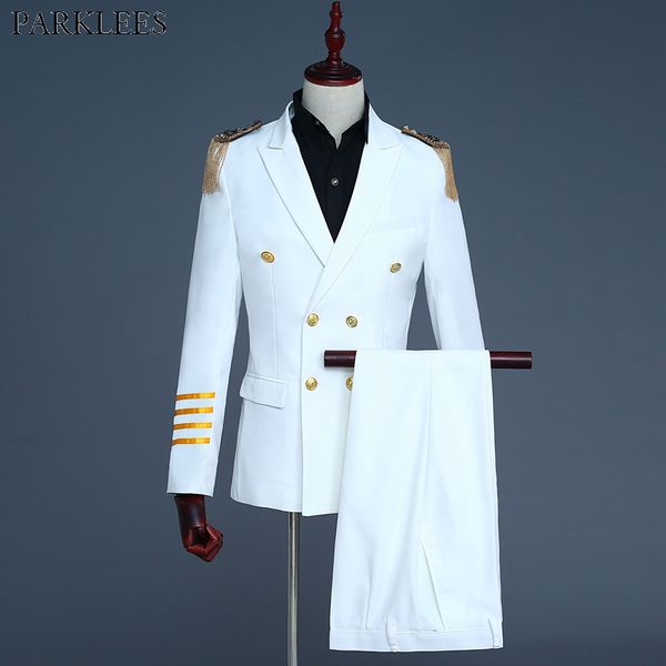 

brand white mens captain suits 2018 fashion men groom wedding 2 piece suit (jacket+pants) slim fit double breasted suit ternos, White;black
