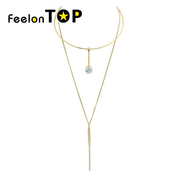 

whole salepunk style gold-color silver color choker necklace long chain with rhinestone statement necklace kpop bijoux minimalist jewelry, Golden;silver