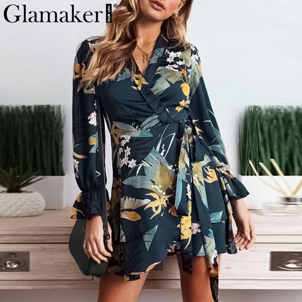 

glamaker floral print ruffle short mini dress women autumn bodycon long sleeve female boho dress elegant party beach, White;black