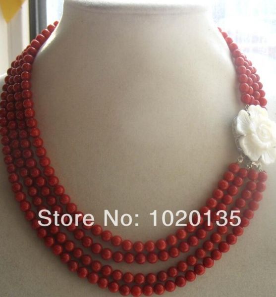

4rows coral red round 5mm 16-18" necklace nature loose beads fppj, Silver