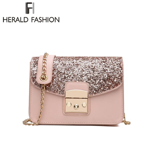 

herald fashion women sequined messenger bag quality leather women's flap bag chain strap female shoulder lay crossbody bags