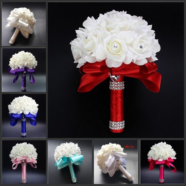 New Crystal White nupcial do casamento Bouquets Beads nupcial que guardara flores Feito à Mão Flores Artificial Rose Noiva da dama de honra