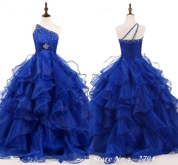 

2020 Royal Girls Pageant Dresses One Shoulder Ruffles Puffy Ball Gown Crystal Beading Formal Kids Prom Dresses Flower Girls Dresses