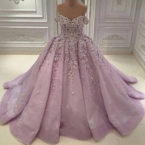 Encantador brilhante vestidos de casamento lilás glamourosa Dubai fora do ombro bordado laço applique vestido nupcial plus tamanho vestido de noiva vestido de bola