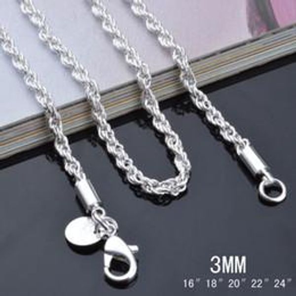 

16-24inches new arrive silver jewelry 925 sterling silver pretty cute fashion charm 3mm rope chain necklace jewelry