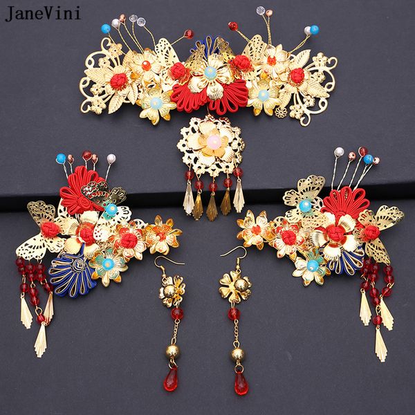 

janevini 2018 chinese traditional bride hair jewelry headdress ornaments for women gold hairpin with earring wedding accessories c18110801, Slivery;golden