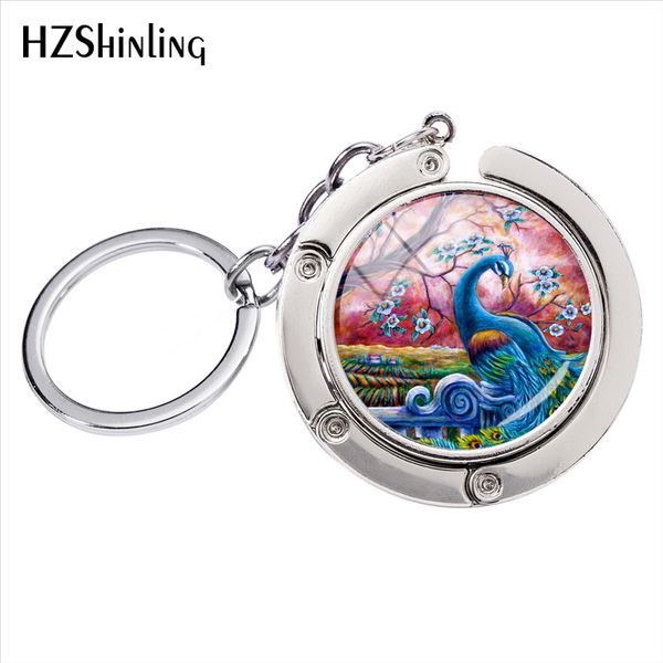 

vintage proud peacock painting glass round cabochon art ps bag holder silver alloy key rings