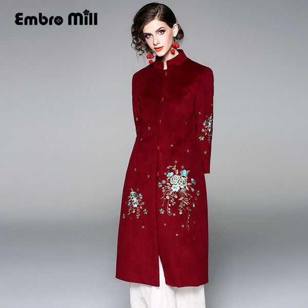 

high-end winter trench coats for women vintage elegant floral woolen embroidery loose lady coat s-xxxl, Black