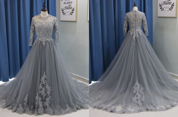 Abito da sera a maniche lunghe grigio vinage. Foto reale con applicazioni di pizzo, perline, paillettes, tulle, linea a trapezio, abito formale da ballo con scollo posteriore, economico