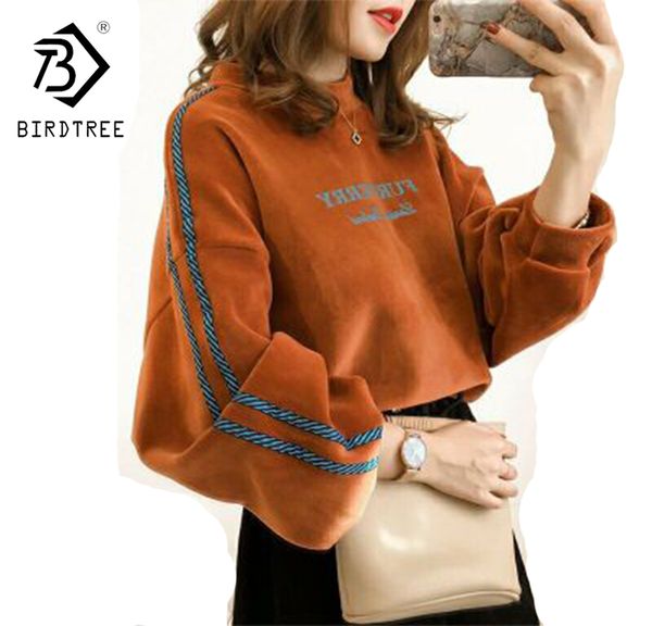 

2018 spring pullover sweatshirt letter thick women tracksuit velvet fleece patchwork lantern sleeve slim office lady d81513c, Black