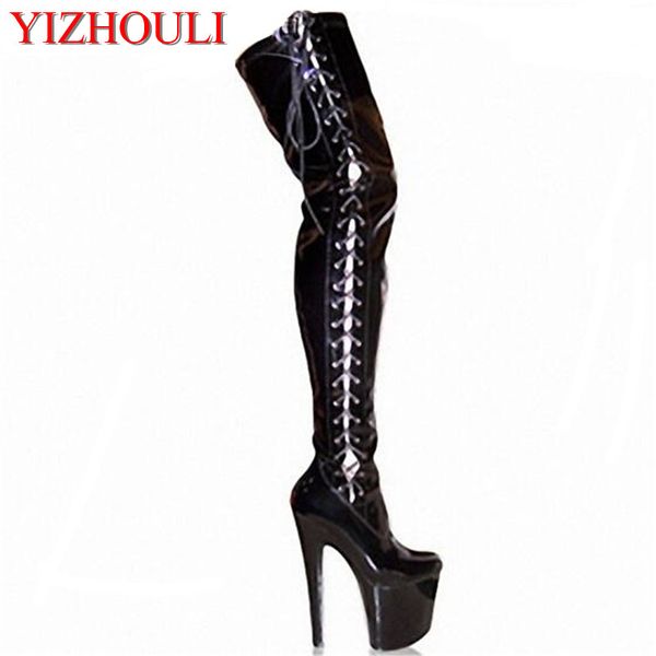 

20cm high-heeled shoes strap tall boots platform clubbing exotic dancer boots hasp 8 inch womens gladiator thigh high, Black