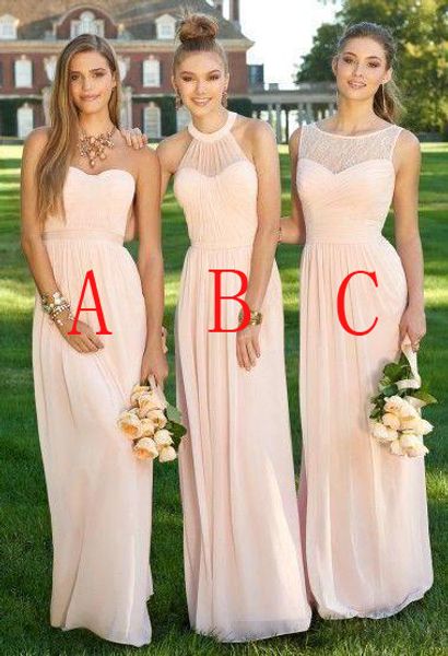 

2020 Pink Navy Cheap Long Bridesmaid Dresses Mixed Neckline Flow Chiffon Summer Blush Bridesmaid Formal Prom Party Dresses with Ruffles