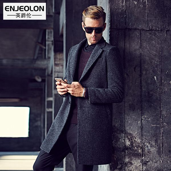 

enjeolon brand 2017 men's casual x-long wool blends new male single breasted woolen coats outwear windbreaker wt0817, Black