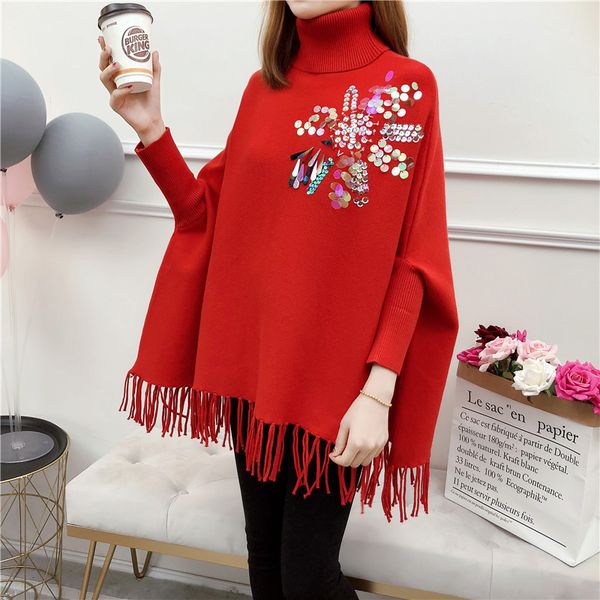 

autumn and winter new embroidery loose large size pullover sweater cloak shawl coat women's high collar bat sleeve sweater al331, White;black