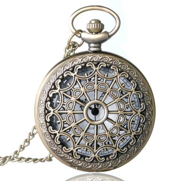 

relogio de bolso bronze antique vintage quartz steampunk pocket watch spider web hollow women men pendant necklace chain gifts, Slivery;golden