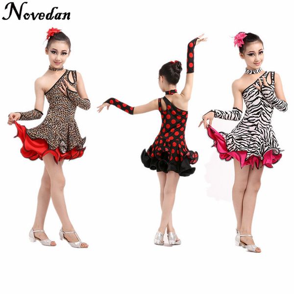 

leopard child girls latin dance dress junior kids latin salsa performance costumes clothes party dresses, Black;red