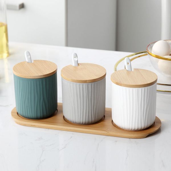 

kitchen nordic household ceramics flavor storage bottles with bamboo rack seasoning spice sugar salt jars with cover and spoon