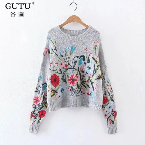 

gutu] 2017 korean autumn winter fashion new solid color round collar full sleeve loose embroidered sweater women v74702, White;black