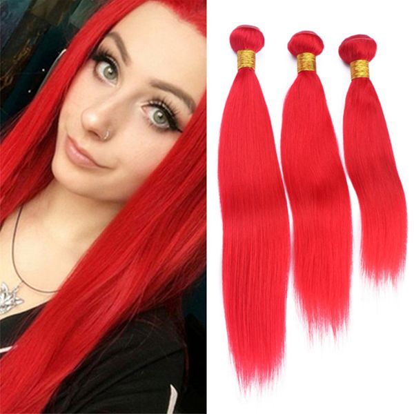 Indian Straight Red Human Hair Weave Bundles Pure Color Light Red
