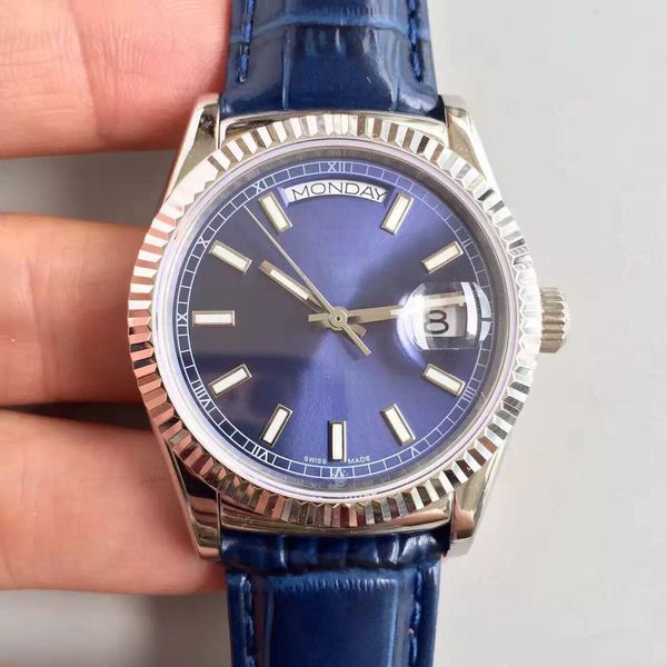 

watches daydate 36mm blue face mens watch automatic movement sapphire leather strap promotion men's sports wristwatch, Slivery;brown
