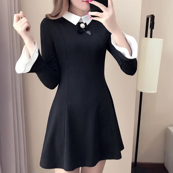 

new women's fashion comfortable temperament was thin speaker sleeves turn-down vintage one-piece a-line girls black dress, White;black