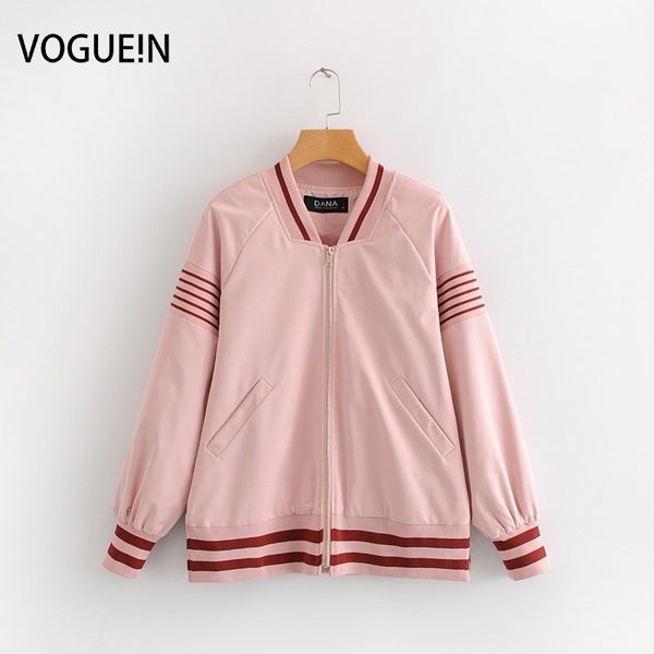 

voguein new womens pink striped hem long sleeve bomber jacket baseball coat wholesale, Black;brown