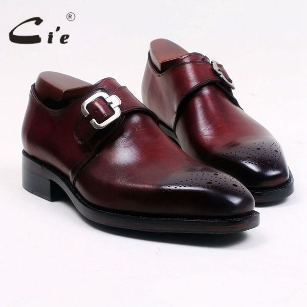 

cie square toe cut-outs hand-painted deep wine single monk straps 100% genuine calf leather bottom breathable men's shoe ms99, Black