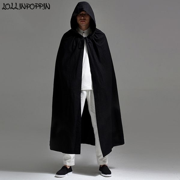 

men hooded cloak long style trench jacket linen coat open placket halloween costumes mens cape black / navy blue, Tan;black