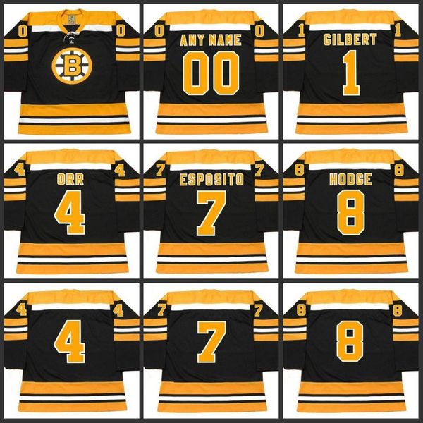 

1 жиль гилберт 4 бобби орр 7 фил эспозито 8 кен ходж бостон брюинз 1970 ccm vintage away hockey jersey s-3xl, Black;red