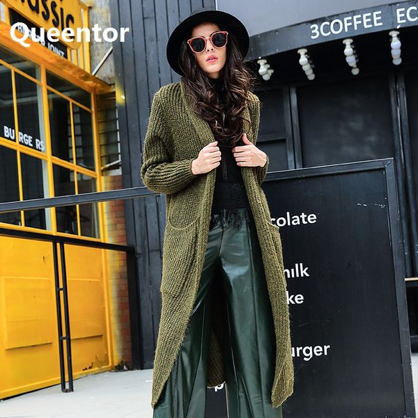 

queentor original design 2017 brand sweater coat autumn winter army green fashion elegant knitted cardigan women wholesale, White;black