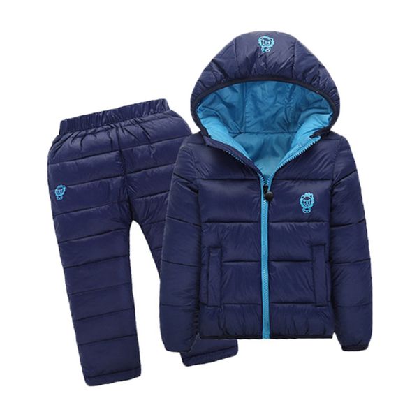 

kids snowsuits autumn winter down cotton coats jackets pant baby girls boys clothes set children hooded casual outerwear 2pcs, Blue;gray