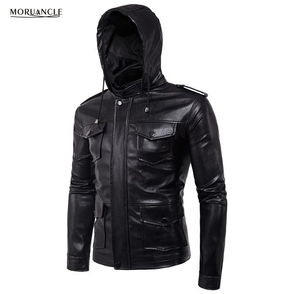 

moruancle new fashion men's hooded leather jackets faux pu leather jacket with hood for male plus size m-5xl multi pockets, Black;brown
