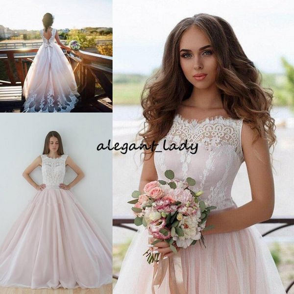

elegant ball gown wedding dresses 2018 lace tull white pink blush backless bandage garden wedding gowns bow sash sweep train
