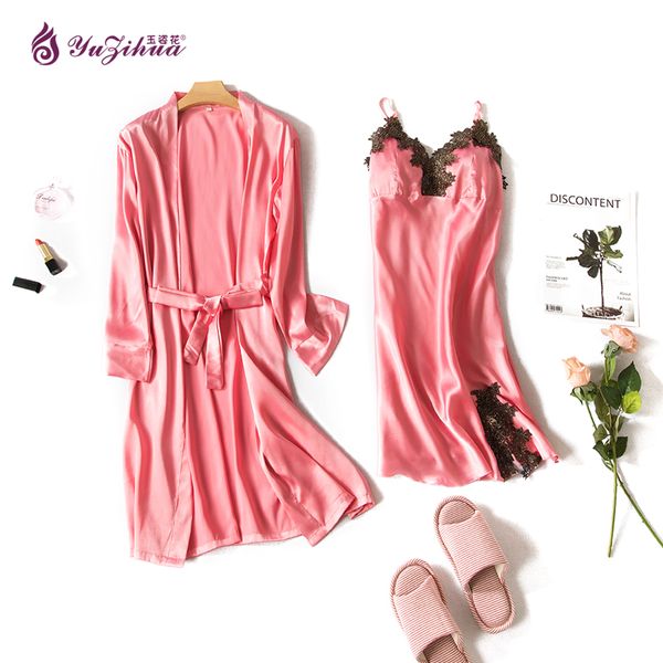 

yuzihua nightgown home suit plus size robes bathrobe silk night dress pajamas gecelik long sleeve nightie sleepwear pijamas, Black;red