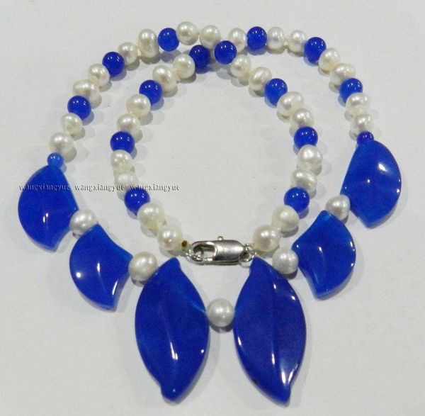 

7-8mm natural white akoya cultured pearl /blue sapphire necklace 18", Silver