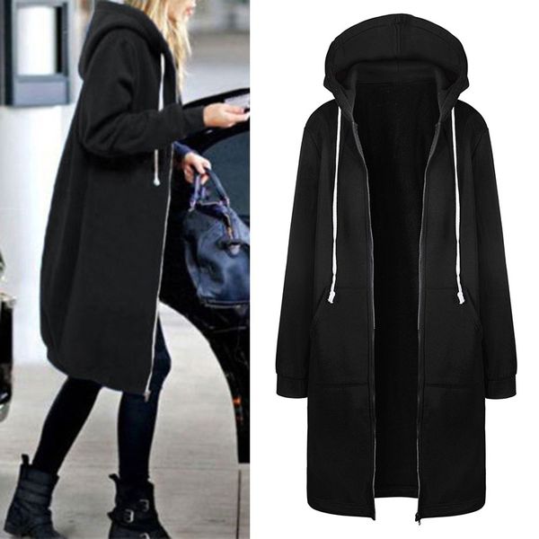 

winter coats women fashion long hooded sweatshirts coat casual pockets zipper solid outerwear hoodies jacket, Black