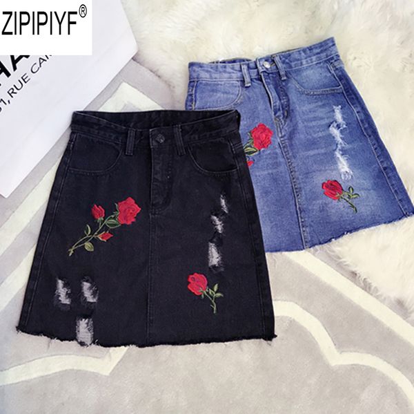 

2018 summer fashion vintage floral embroidery demin high waist mini a-line short skirt retro women slim skirt c2128, Black