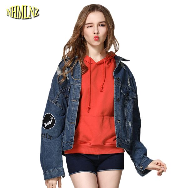 

2018 spring women denim jacket casual loose blue coat long sleeve washed denim coats new female jackets wkm814, Black;brown
