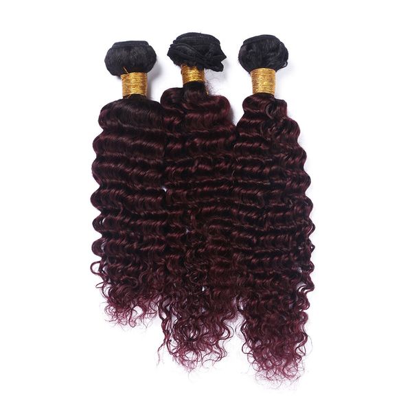 Feixes de Tecer Cabelo Brasileiro Ombre Tecer Cabelo Humano Profunda Onda 3 Pcs Escuro Raiz # 1B / 99J Borgonha Ombre Virgem Remy Extensões de Cabelo Humano